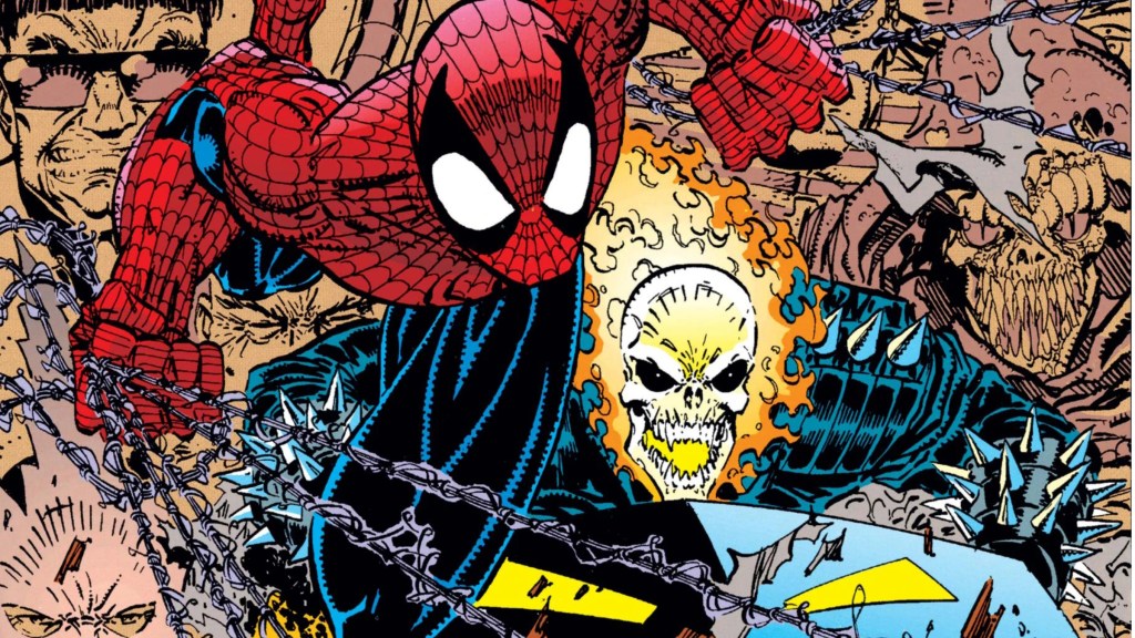 Spider-Man and Ghost RIder in action with a picture of the Sinister Six behind them