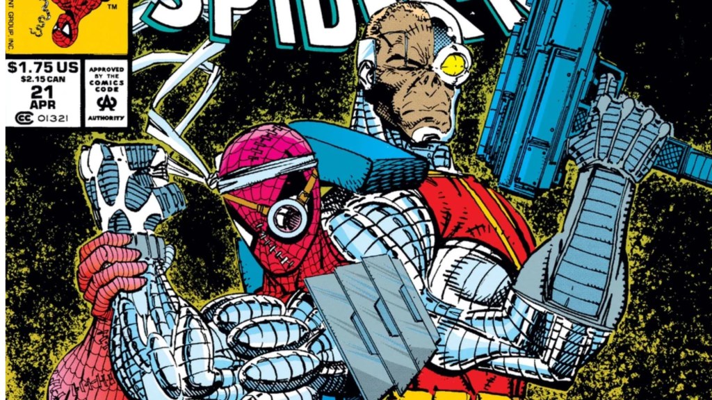 Spider-Man with a cybernetic arm standing back to back with Deathlok