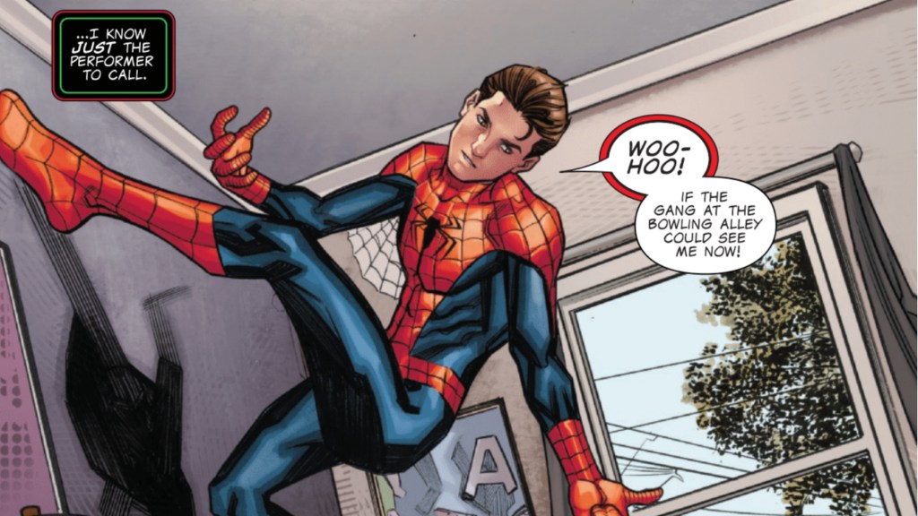 Young Peter Parker standing on the wall in costume