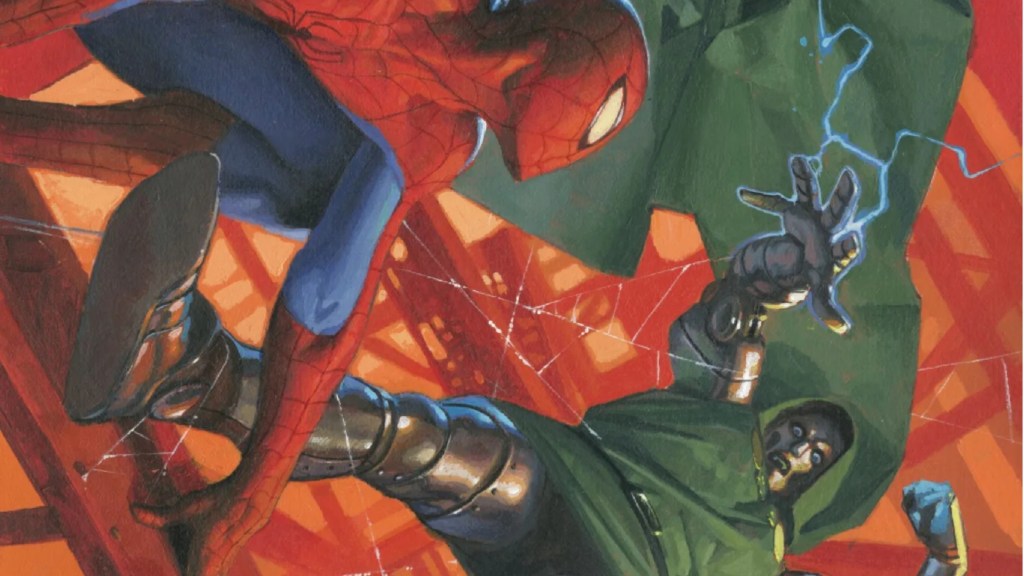 Spider-Man and Doctor Doom fighting in the skies of New York City