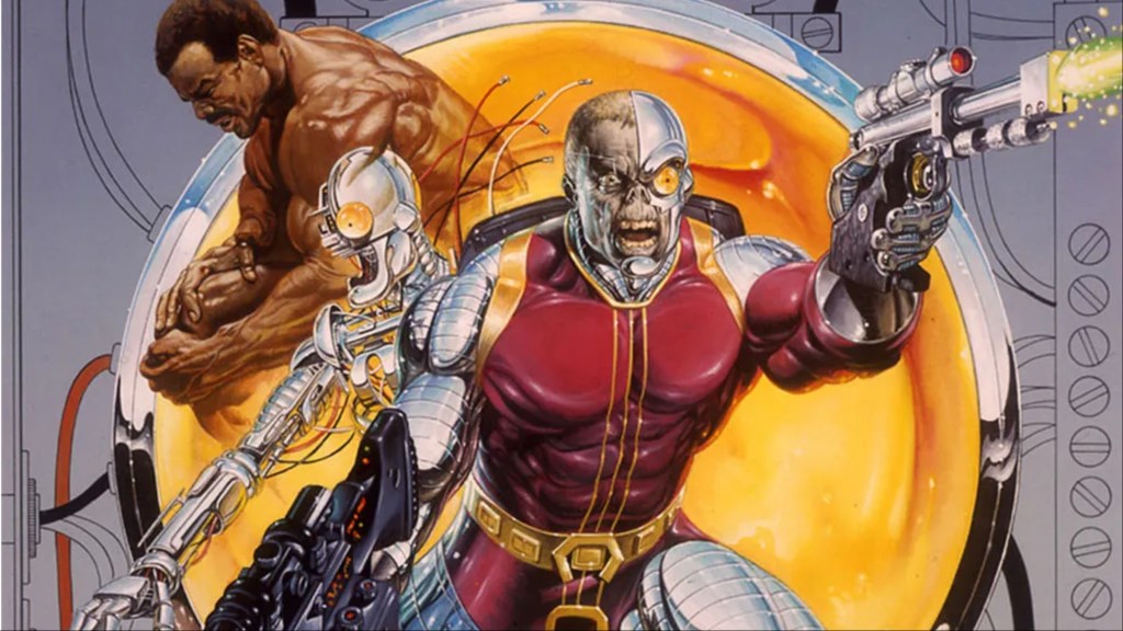 Deathlok firing his gun, with a robot, and Luther Manning behind him