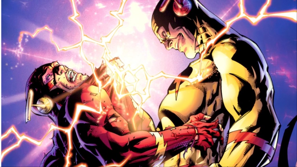 Reverse-Flash holding Barry by the collar with lightning between them