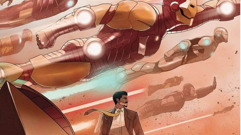 Tony Stark standing with Iron Man armors flying around him