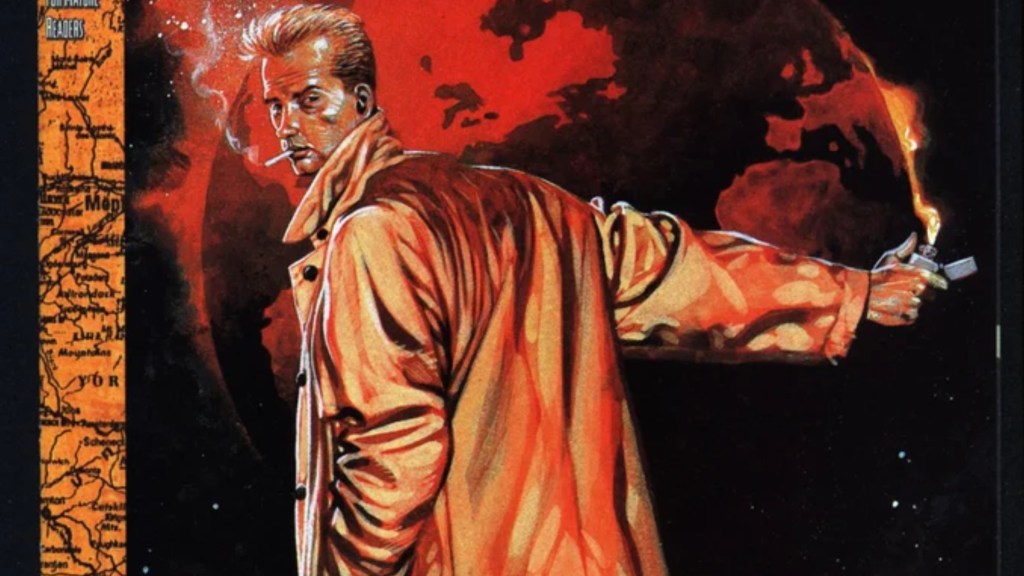 John Constantine looking over his shoulder while lighting his lighter with his outstretched left hamd