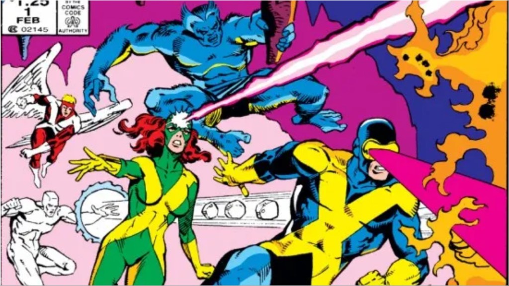 Iceman, Angel, Beast, Marvel Girl, and Cyclops running into battle