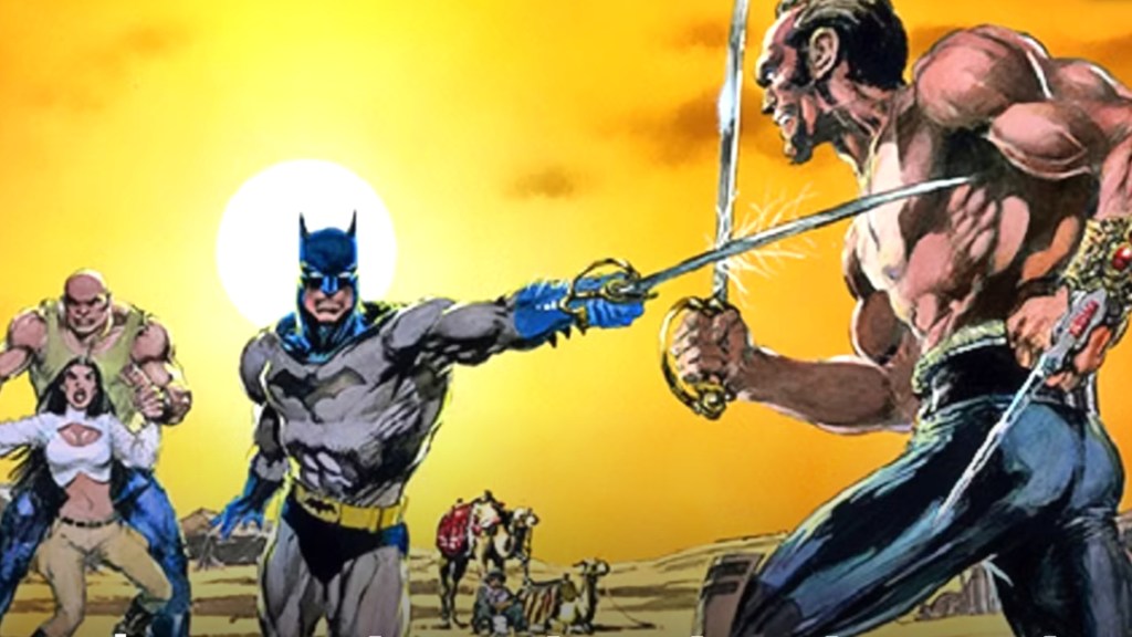 Batman and Ra's al Ghul facing off in a sword fight as Ubu holds Talia back