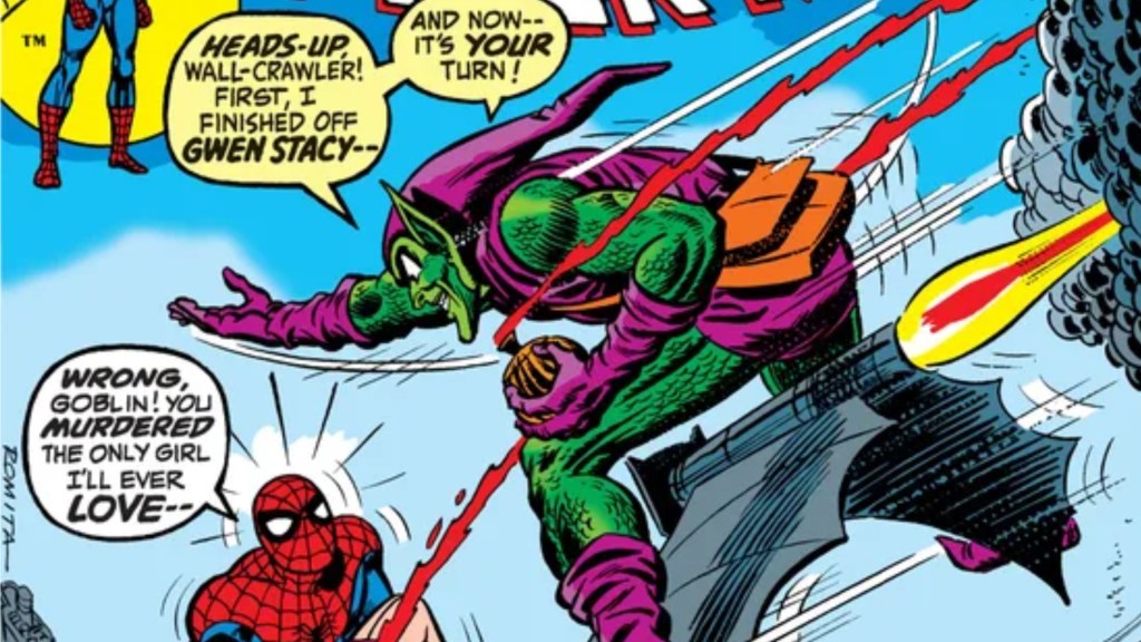 Spider-Man holding Gwen Stacy's body as the Green Goblin attacks