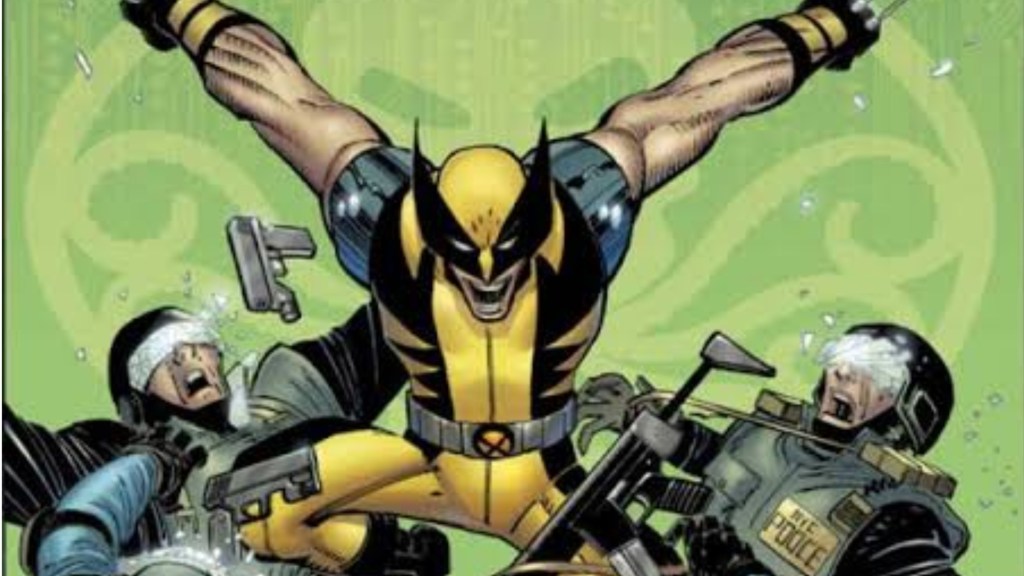 Wolverine slashing through police in front of a Hydra emblem