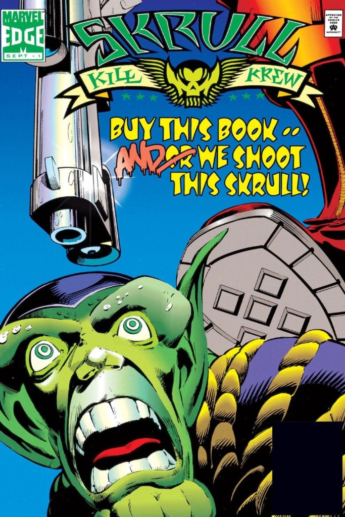 A Skrull with a boot on its neck about to be shot