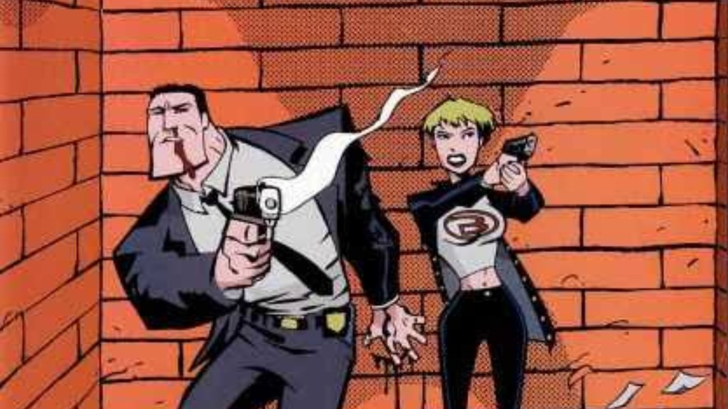 Christian Walker and Deena Pilgrim backed into an alley pointing their guns