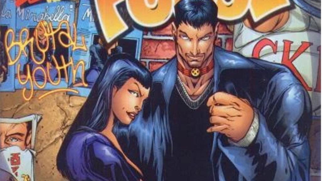 Warpath and Risque standing together in front of grafitti