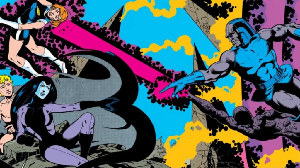 Darkseid trying to destroy Light Lass and Shadow Lass as they protect a young man