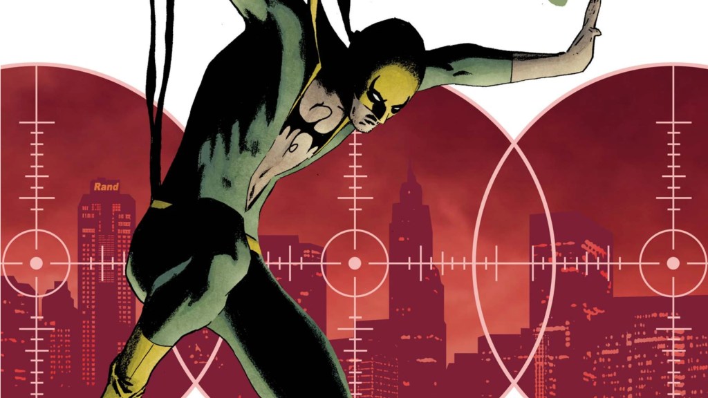 Iron Fist dropping in front of sniper scope views of a city