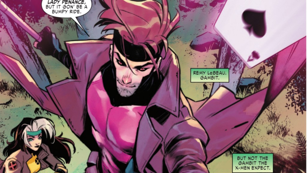Gambit throwing his cards with Rogue behind him