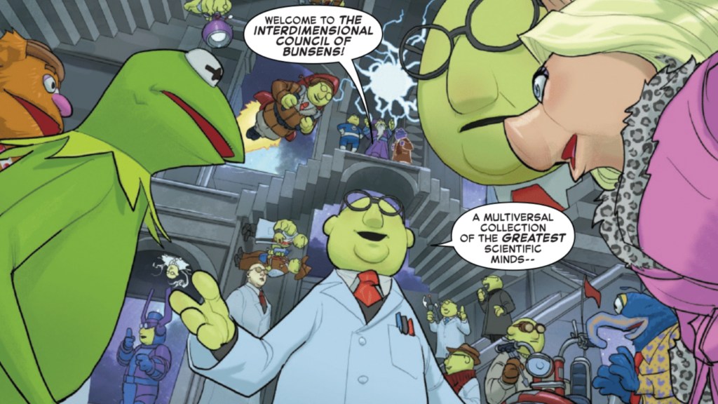 Doctor Bunsen introducing Kermit, Miss Piggy, and Fozzy to the Interdimensional Council of Bunsens