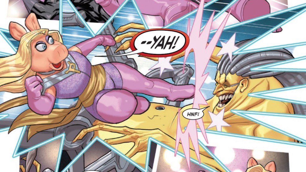 Miss Piggy jump-kicking Mojo