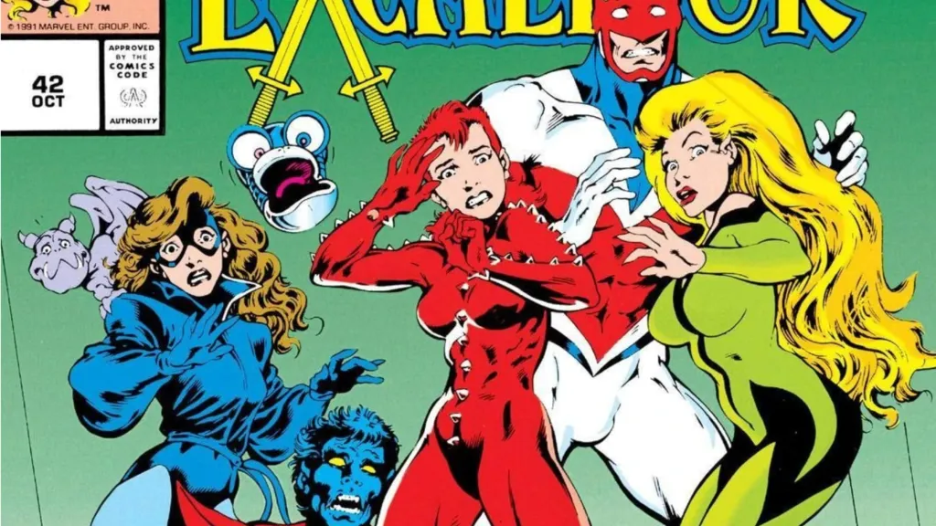 Widget, Lockheed, Shadowcat, Nightcrawler, Phoenix II, Captain Britain, and Meggan looking on in shock