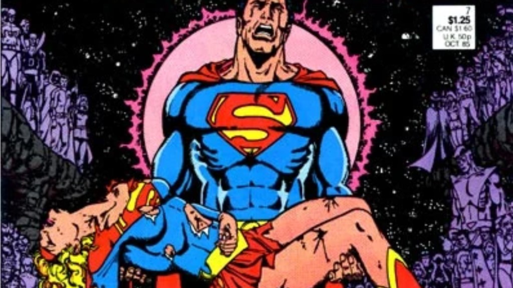 Superman crying as he hold the dead Supergirl