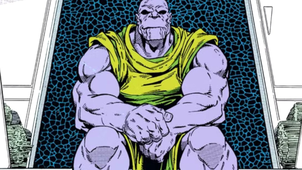 Thanos sitting on the steps of his farmhouse