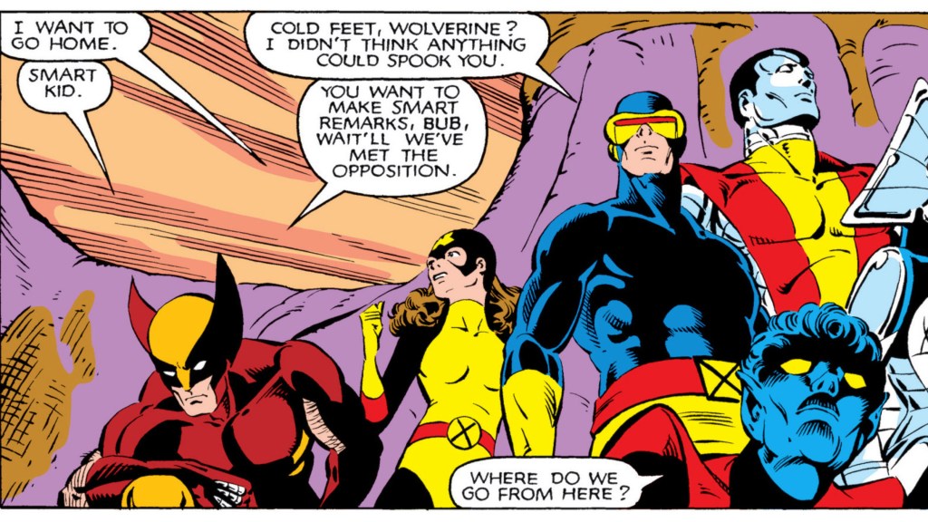 Wolverine, Kitty Prude, Cyclops, Colossus, and Nightcrawler bantering