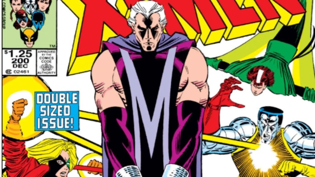 Magneto in cuffs as the X-Men battle the Fenris Twins behind him