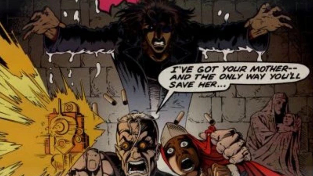 Ectokid hopping up behind a man shooting a gun and holding a hostage