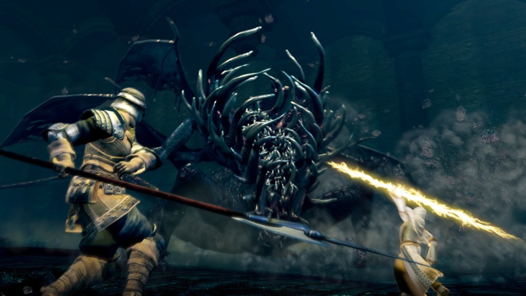 Player combatting the Gaping Dragon boss in Dark Souls Remastered.