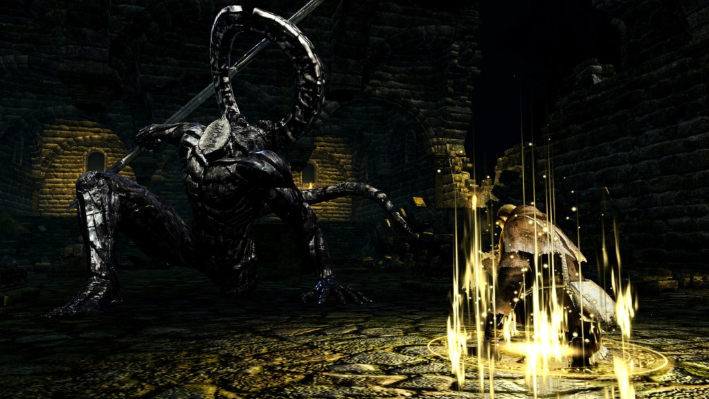 Player in combat collecting souls in Dark Souls Remastered.