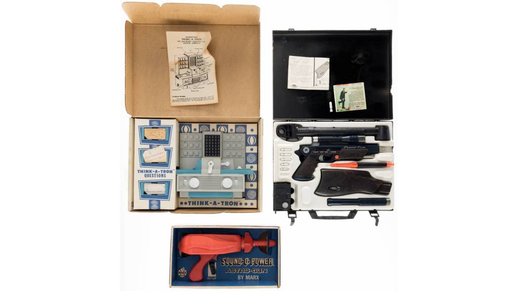 Hasbro's Think-a-Tron, Topper's Secret Sam Attaché Case, and the Marx Sound-O-Power Astro-Gun Toy.