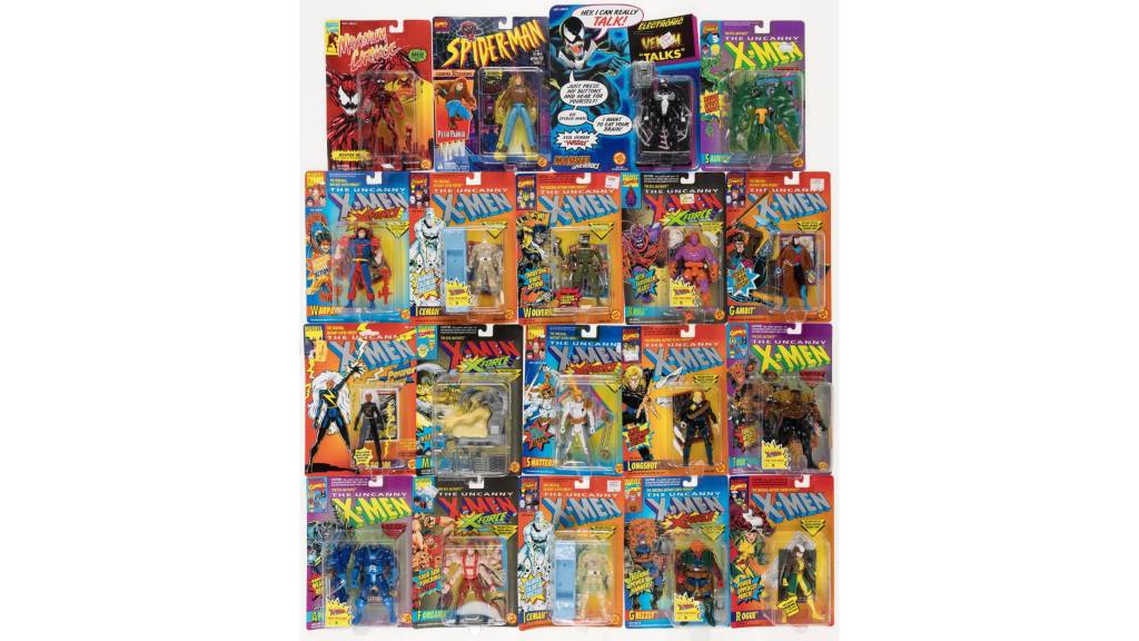 A set of 19 Toy Biz Spider-Man and X-Men action figures in their original packaging.