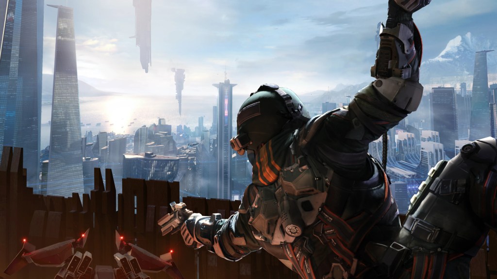 ISA soldier hanging form aircraft in Killzone Shadow Fall for PlayStation 4.