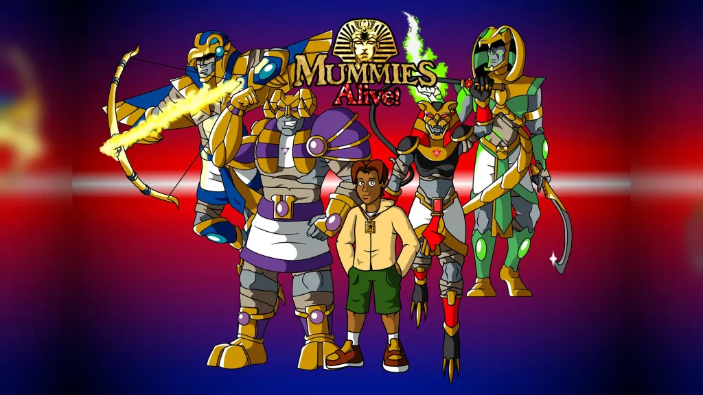 The four armoured mummy guardians from Mummies Alive! standing either side of their young charge Presley Carnovan