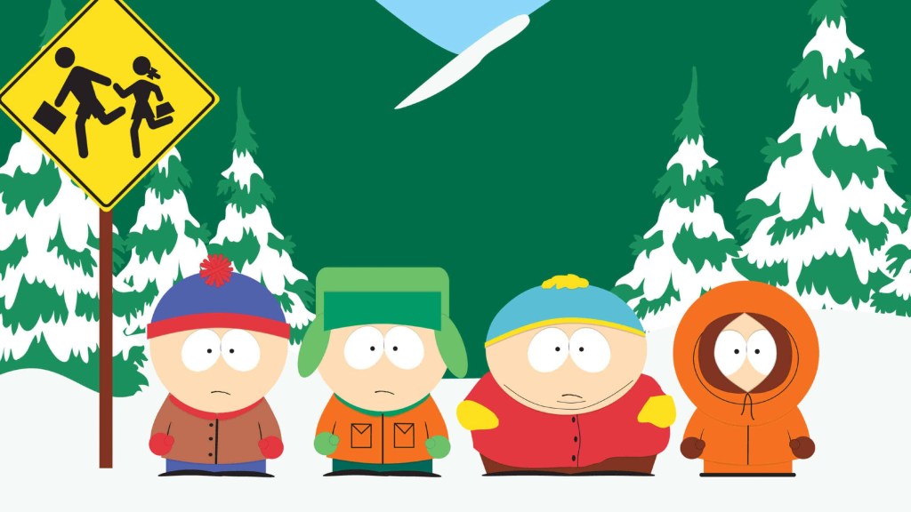 Stan, Kyle, Cartman, and Kenny at the bus stop in South Park