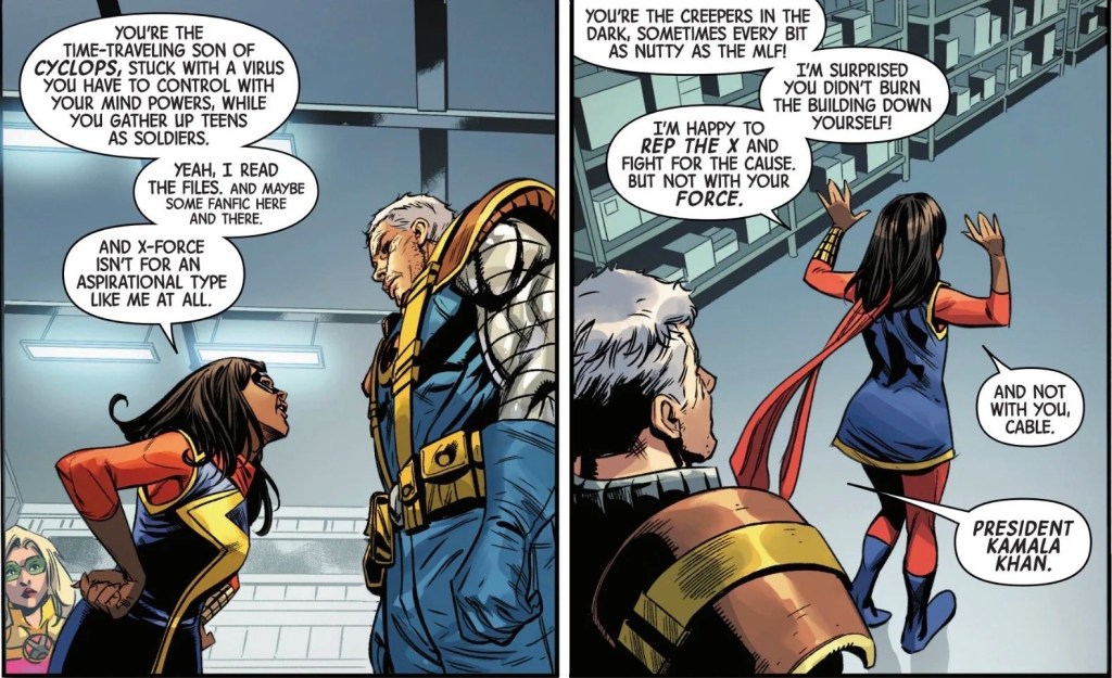 Ms. Marvel and Cable arguing during Inglorious X-Force