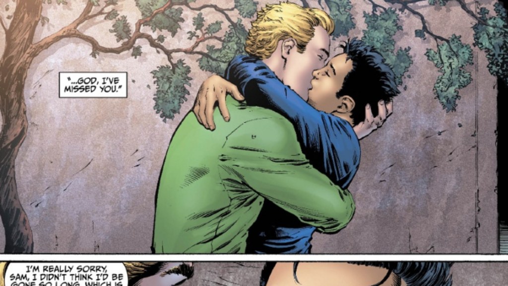 Alan Scott kissing his fiancee.