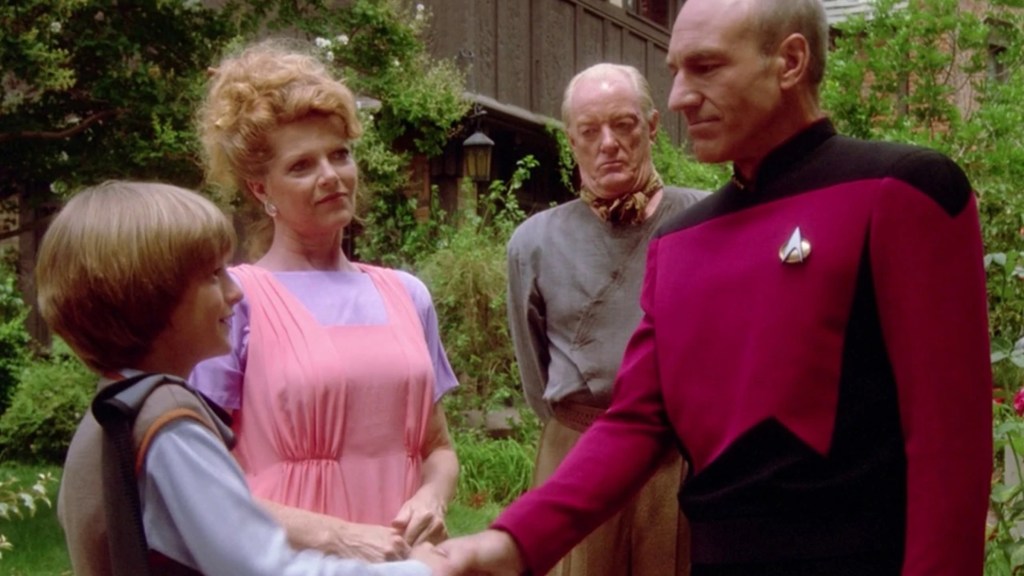 Captain Picard saying good bye ot his family on Earth