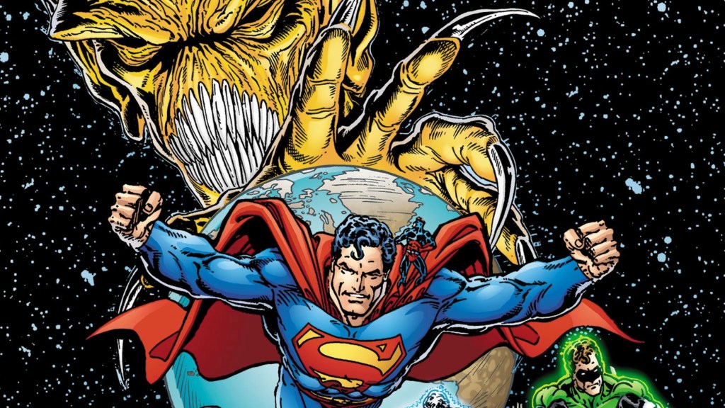 A Dominator reaches out to grab the Earth, as Superman, the Atom, and Hal Jordan fly away