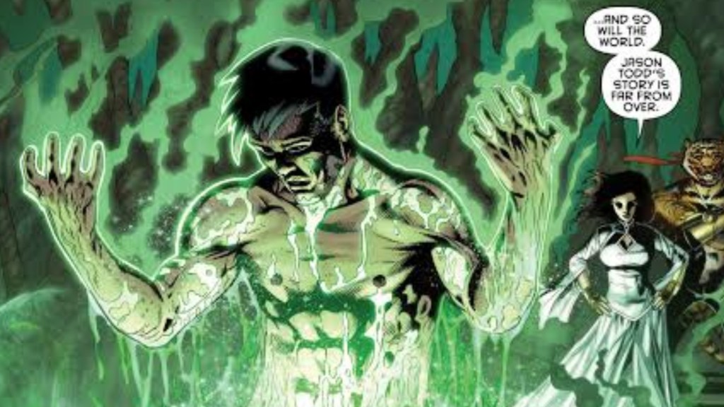 Jason Todd coming out of the Lazarus Pit with Talia al Ghul and a tiger man looking on