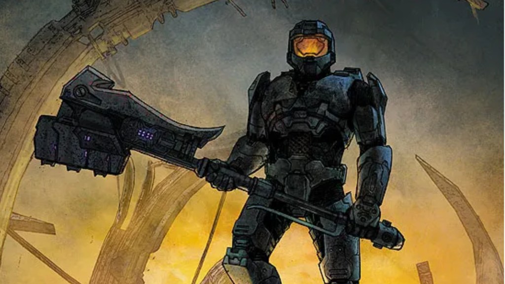 Master Chief holding a massive Brute hammer