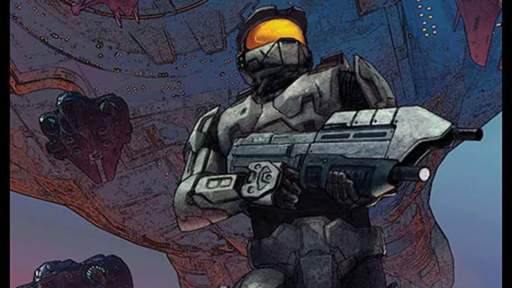 Master Chief holding his MA5C with Covenant vessels overhead