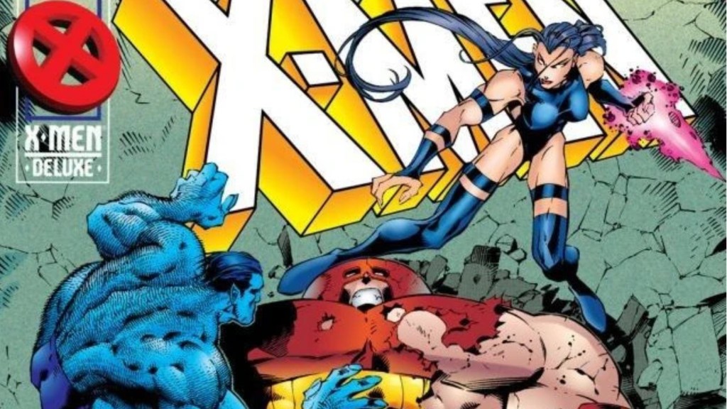 Beast and Psylocke looking down on a beaten Juggernaut