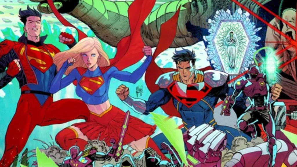 Superboy, Supergirl, and Superboy-Prime standing together