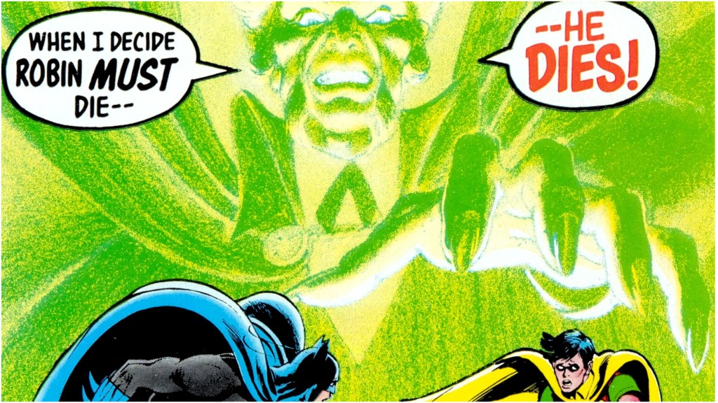 The specter of Ra's al Ghul reaching towards Batman and Robin
