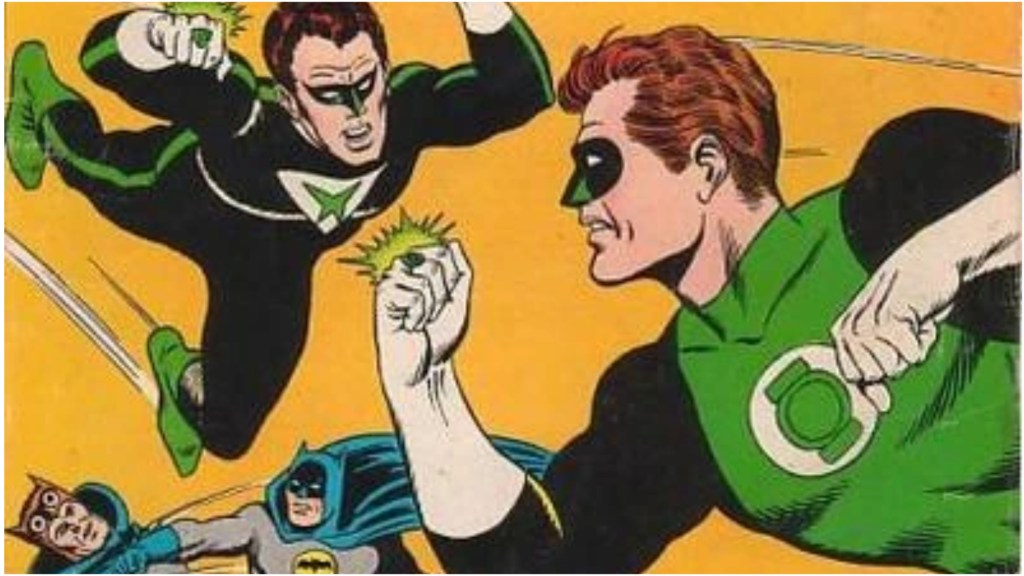 Hal Jordan and Power Ring fighting as Batman punches Owlman in the background