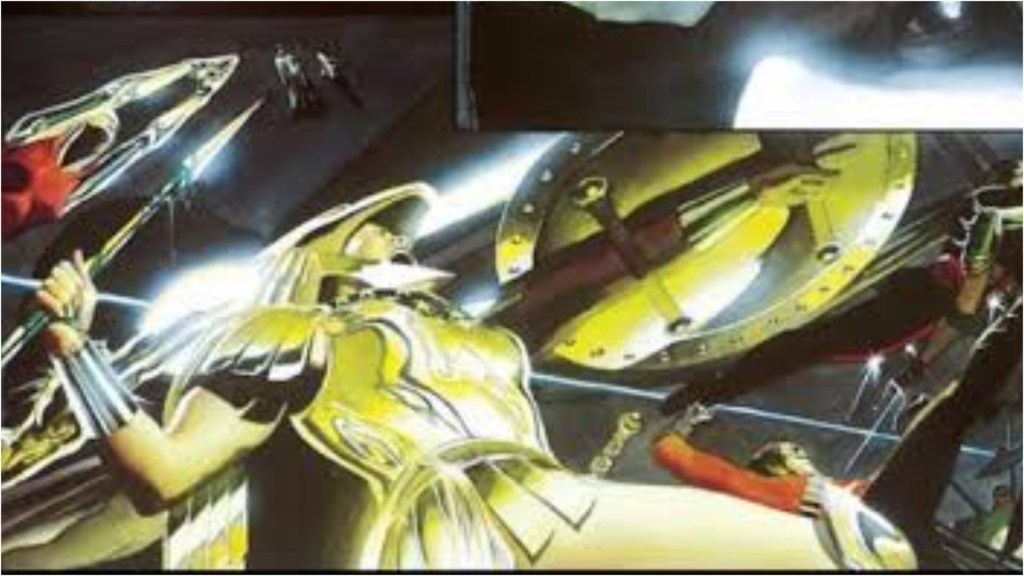 Wonder Woman in her golden eagle armor leading the Justice League into battle
