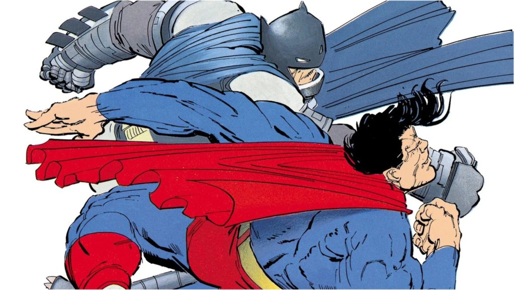 Batman punching Superman in The Dark Knight Returns