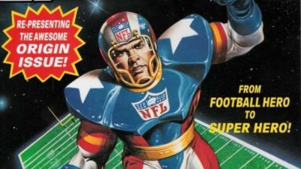 NFL SuperPro with a football staduim behind him