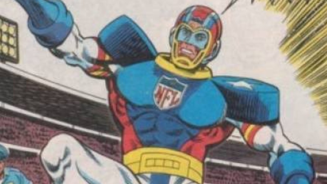 NFL SuperPro striking a dynamic pose