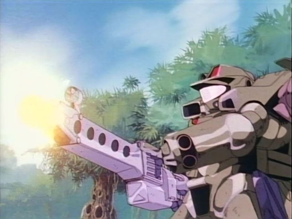 A power suit opens fire during a battle in Starship Troopers.