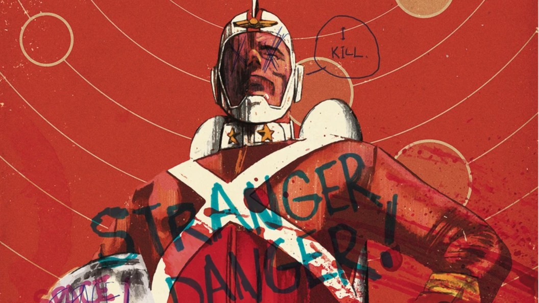 An image of Adam Strange with offensive grafitti scrawled on it
